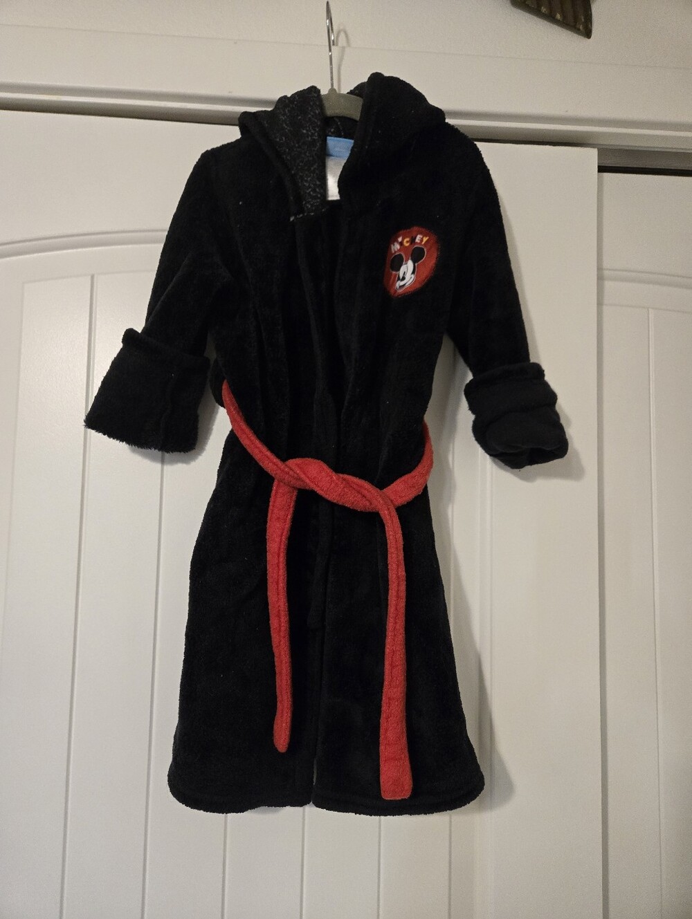Mickey Mouse Black Hooded Kids Robe with Red Belt